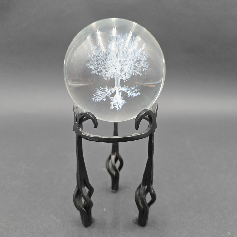 3D Laser Etched Tree of Life Crystal Ball with Black Metal Scroll Stand 80mm